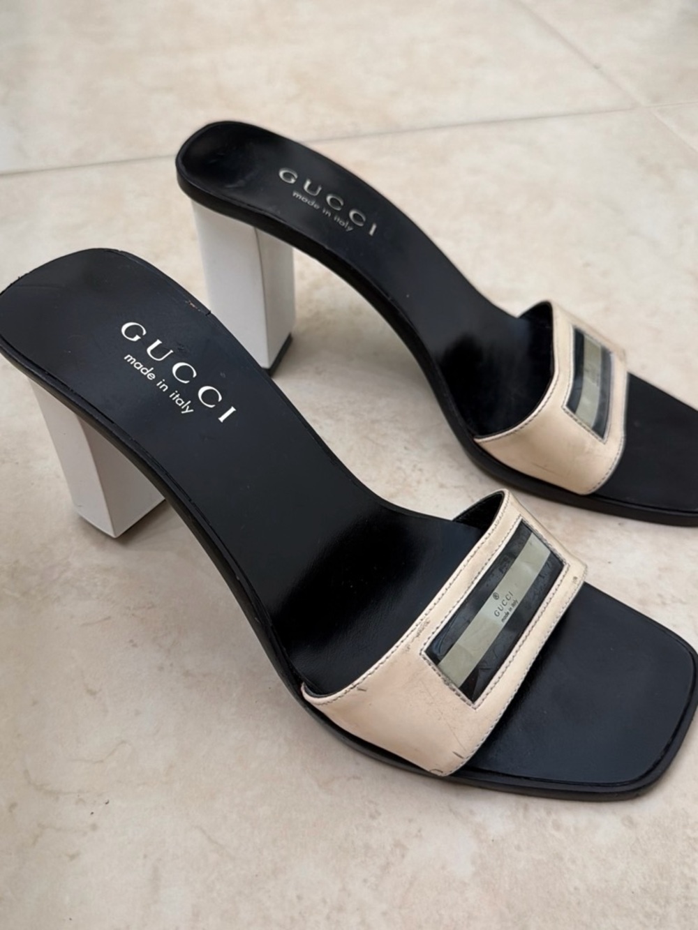 Gucci Black and Cream Block Heel Slide Sandals